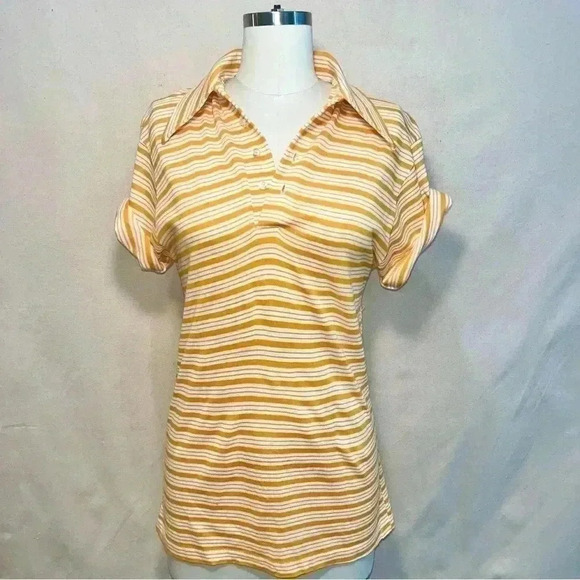 Vintage | Striped 70s Wide Collar Polo - Goldenrod & White / Sz M - Picture 4 of 9